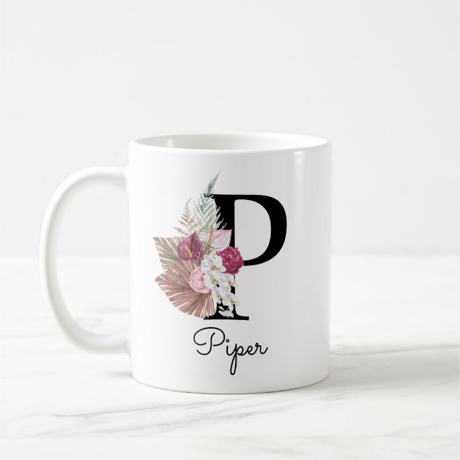 Monogramm Rosa Boho Mädchenhaftes Florales Initial Kaffeetasse (Links)