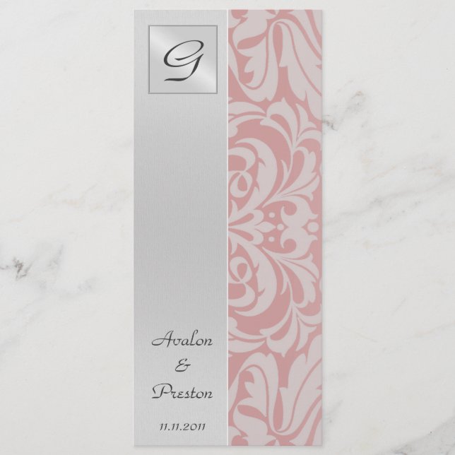 Monogramm Rosa Damast-Hochzeitsprogramm-Einladung Programm (Vorderseite)