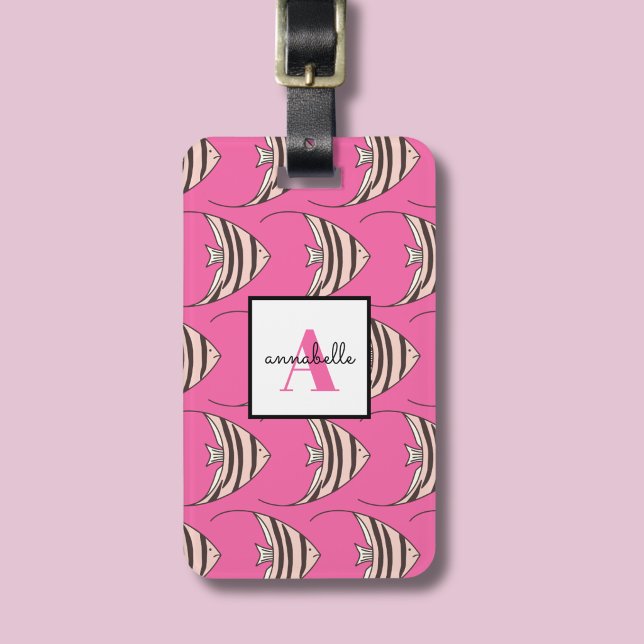 Monogramm Rosa Fischmuster Gepäckanhänger (Pink fish pattern monogrammed luggage tag)