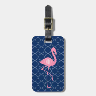 Monogramm-rosa Flamingo-Marine Quatrefoil Gepäckanhänger