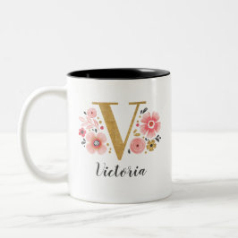 Monogramm rosa Floral Anfangsbuchstabe V Zweifarbige Tasse