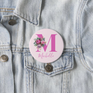 Monogramm Rosa Florale Wasserfarbe Initiale Name Button
