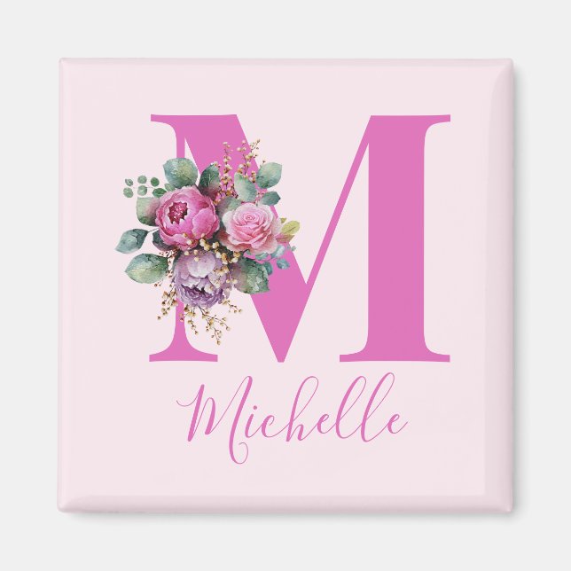 Monogramm Rosa Florale Wasserfarbe Initiale Name Magnet (Vorne)