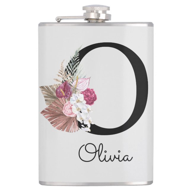 Monogramm Rosa Florales Anfangs-O Flachmann (Vorderseite)