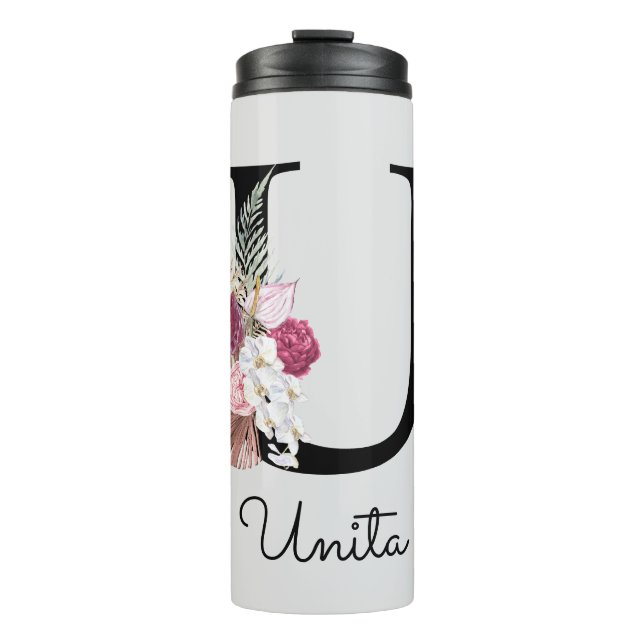 Monogramm Rosa Florales Initial U Thermosbecher (Vorderseite)