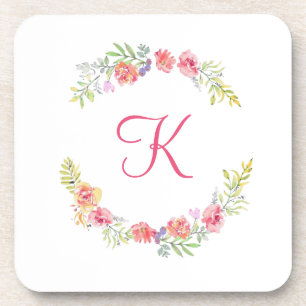 Monogramm Rosa, Gelb und Grün Floral Aquarell Getränkeuntersetzer