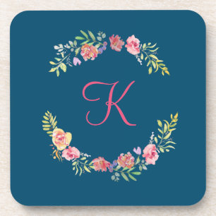 Monogramm Rosa, Gelb und Grün Floral Wasserfarbe Getränkeuntersetzer