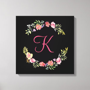 Monogramm Rosa, Gelb und Grün Floral Wasserfarbe Leinwanddruck
