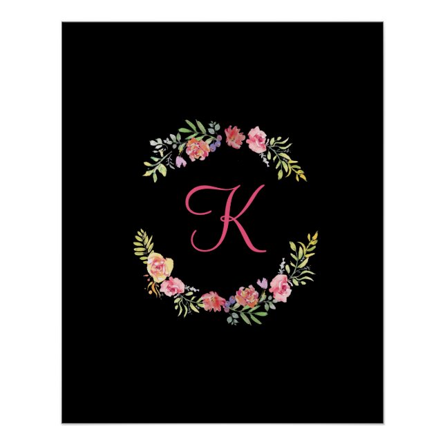 Monogramm Rosa, Gelb und Grün Floral Wasserfarbe Poster (Vorderseite)