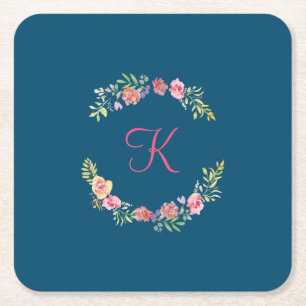 Monogramm Rosa, Gelb und Grün Floral Wasserfarbe Rechteckiger Pappuntersetzer
