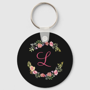 Monogramm Rosa, Gelb und Grün Florales Wasserfarbe Schlüsselanhänger