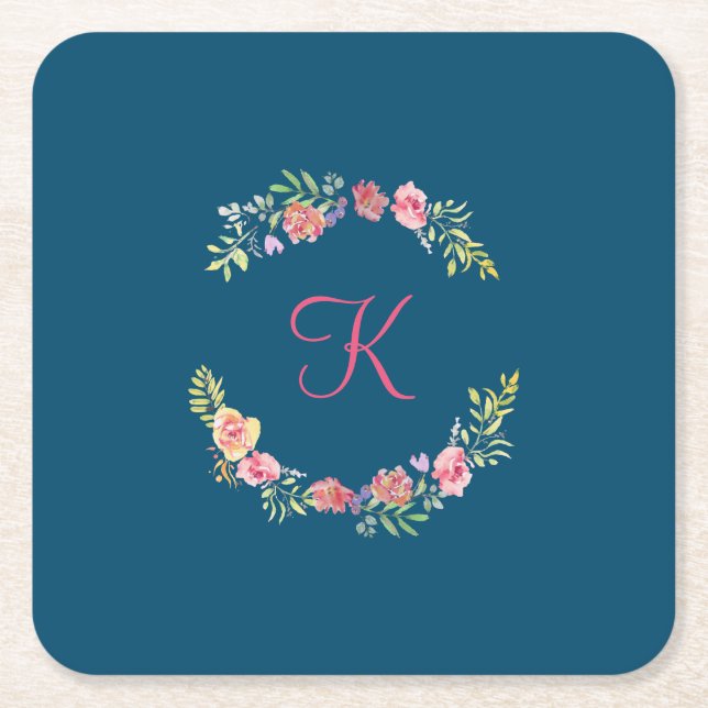 Monogramm, rosa, gelb und grün rechteckiger pappuntersetzer (Vorderseite)