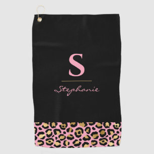 Monogramm Rosa & Gold Leopardenprint   Farbblock Golfhandtuch