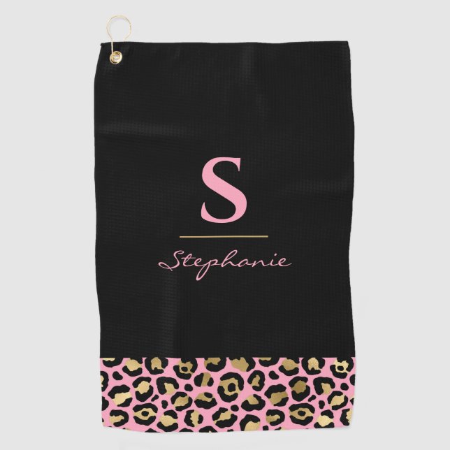Monogramm Rosa & Gold Leopardenprint | Farbblock Golfhandtuch (Vorderseite)