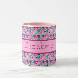 Monogramm Rosa Grün Blau Tropische Blumen Tasse