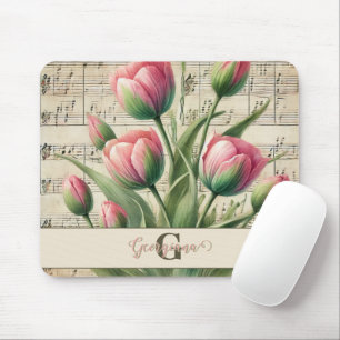 Monogramm Rosa & Grün Vintage-Tulpen Notenblatt Mousepad
