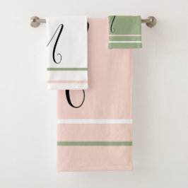 Monogramm Rosa Grüne Streifen Badhandtuch Set
