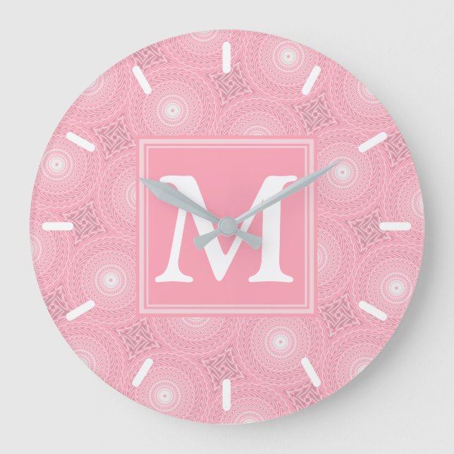 Monogramm-Rosa-Kreismuster Große Wanduhr (Vorderseite)
