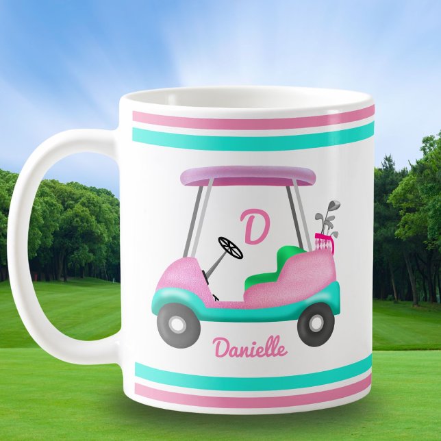 Monogramm Rosa Leder Eleganter Golfwagen Name Kaffeetasse (Von Creator hochgeladen)