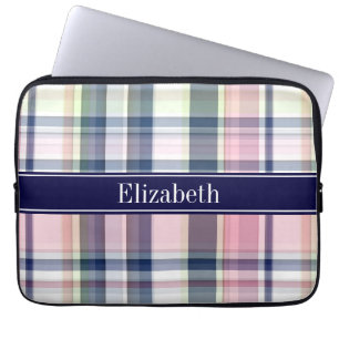 Monogramm rosa Marine-Grün-weißes adrettes Madras Laptopschutzhülle