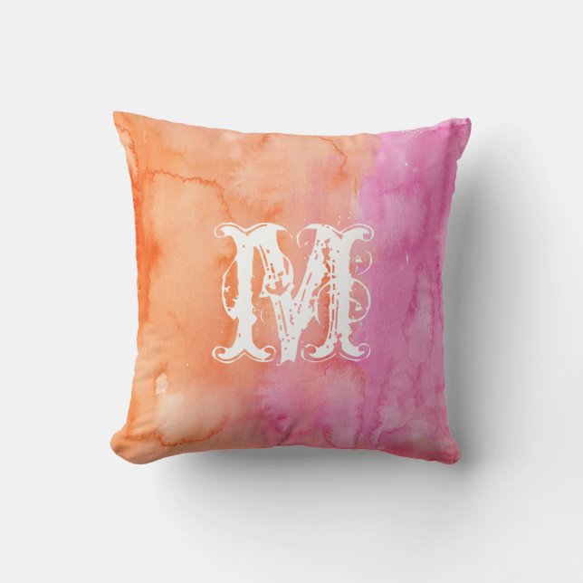 Monogramm rosa Orangefarbenes anfängliches Aquarel Kissen (Vorderseite)