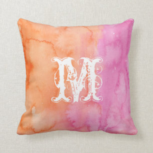 Monogramm rosa Orangefarbenes anfängliches Aquarel Kissen