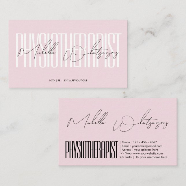 Monogramm rosa PHYSIOTHERAPEUT modern script Visitenkarte (Vorne/Hinten)
