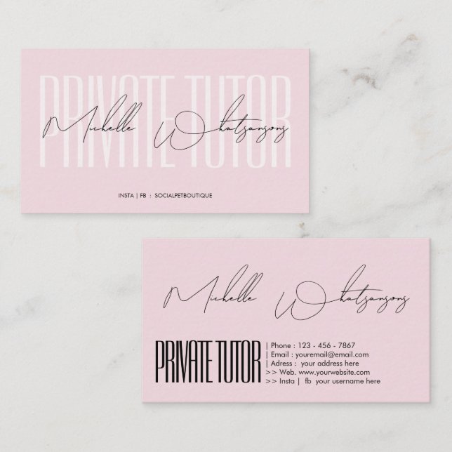 Monogramm rosa PRIVATE TUTOR moderne Schrift Visitenkarte (Vorne/Hinten)