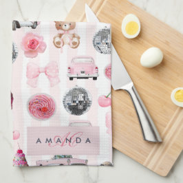 Monogramm Rosa Retro Disco Ball Coquette Geschirrtuch