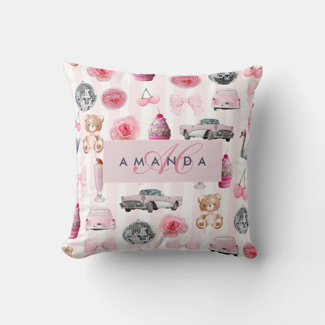 Monogramm Rosa Retro Disco Ball Coquette Kissen (Vorderseite)
