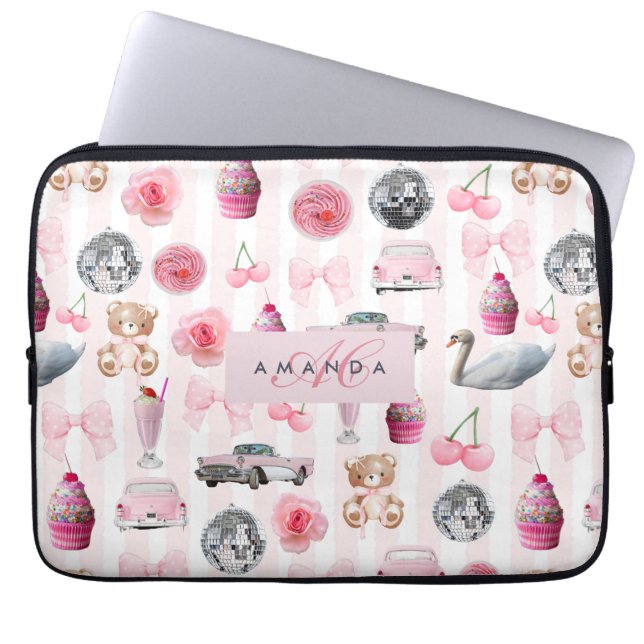 Monogramm Rosa Retro Disco Ball Coquette Laptopschutzhülle (Vorderseite)