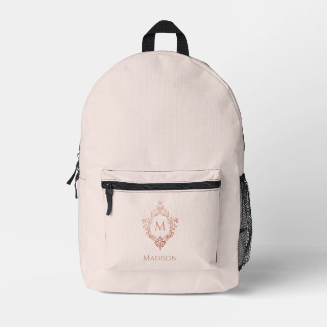 Monogramm Rosa Rose Rose Gold Wappen & Individuell Bedruckter Rucksack (Vorderseite)