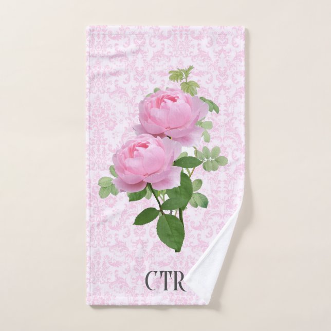 Monogramm rosa Rosen auf Damask Handtuch (Handtuch)