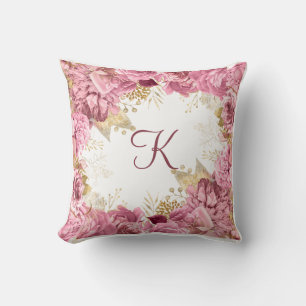 Monogramm Rosa Rosen Gold Elegantes Blumenmuster Kissen