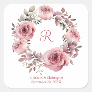 Monogramm Rosa Rosen Grün Wasserfarben Hochzeit Quadratischer Aufkleber
