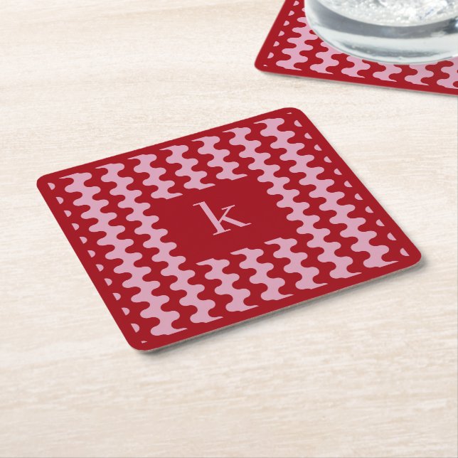 Monogramm Rosa Rot Fettes Wellenmuster Rechteckiger Pappuntersetzer (angewinkelt)