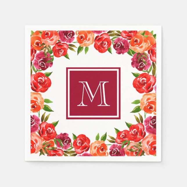 Monogramm Rosa Rot Orange Blumen Serviette (Vorderseite)