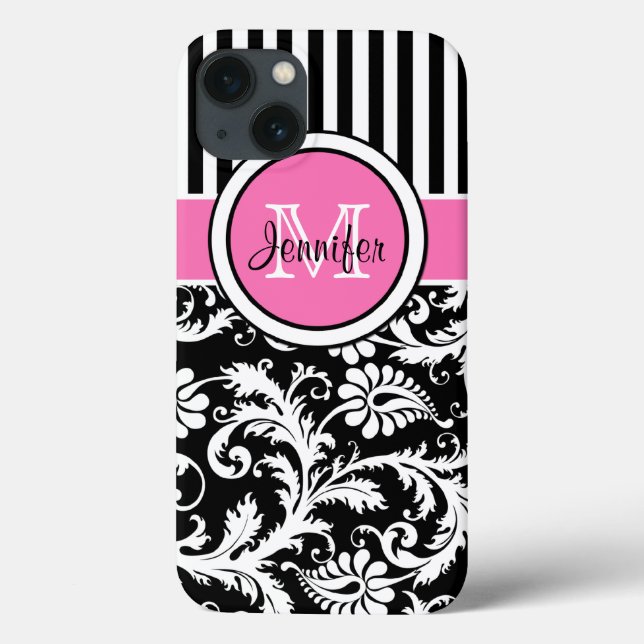 Monogramm, rosa, schwarz, weiß gestreiftes Damasku Case-Mate iPhone Hülle (Rückseite)