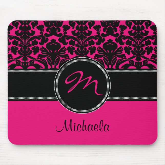 Monogramm-rosa Schwarz-weißer Damast Mousepad (Vorne)