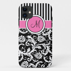 Monogramm-rosa Schwarz-weißes gestreiftes Damast Case-Mate iPhone Hülle