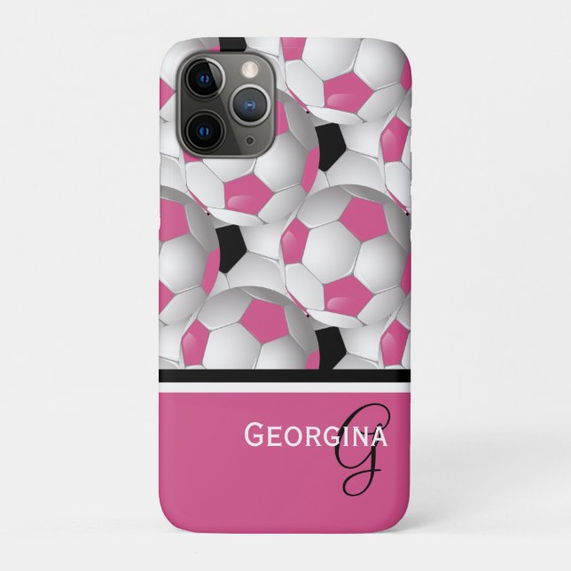 Monogramm rosa Schwarzer Fußball-Kugelmuster Case-Mate iPhone Hülle (Rückseite)