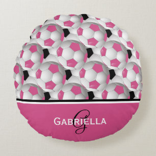 Monogramm-rosa schwarzes Fußball-Muster Rundes Kissen