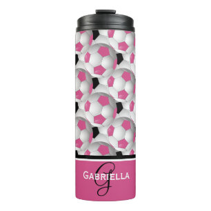 Monogramm-rosa schwarzes Fußball-Muster Thermosbecher