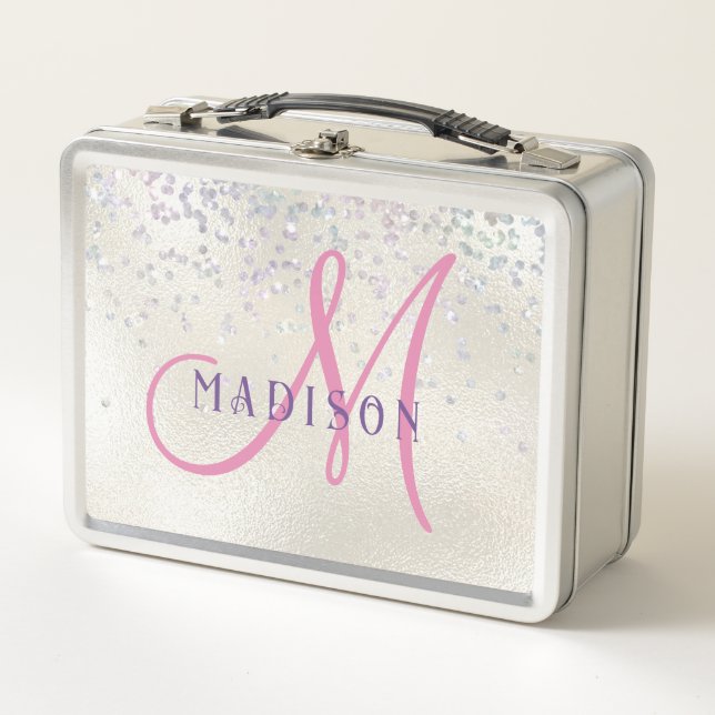 Monogramm Rosa Script Mädchen Silber Perlen Glitte Metall Brotdose (Vorderseite)