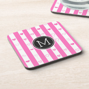 Monogramm rosa Streifen modernes Herz Muster Getränkeuntersetzer