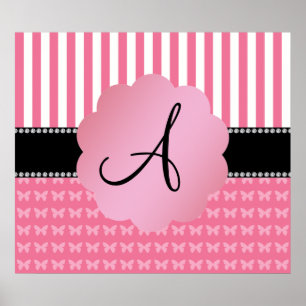 Monogramm rosa Streifen rosa Schmetterlinge Poster
