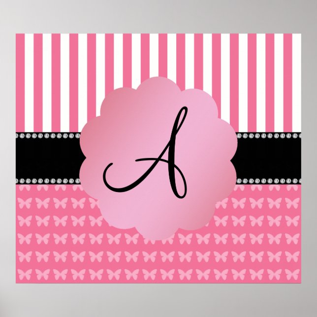 Monogramm rosa Streifen rosa Schmetterlinge Poster (Vorne)