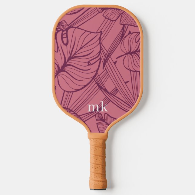 Monogramm rosa tropische Blätter Pickleball Schläger (Vorderseite)