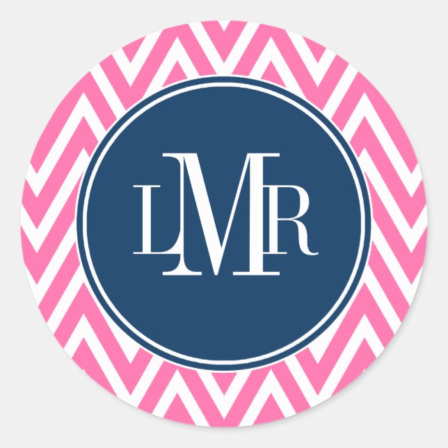 Monogramm rosa und blaue Chevronen Runder Aufkleber (Vorderseite)