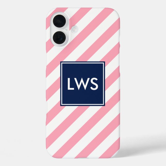 Monogramm rosa und blaue Diagonalstreifen Case-Mate iPhone Hülle (Rückseite)
